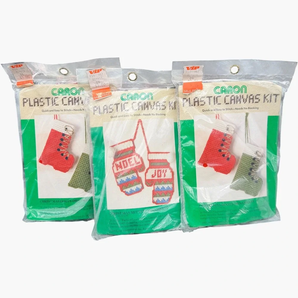 Vintage 1982 Caron Plastic Canvas Kit Lot 3 Christmas Boots Mitten Ornaments DIY